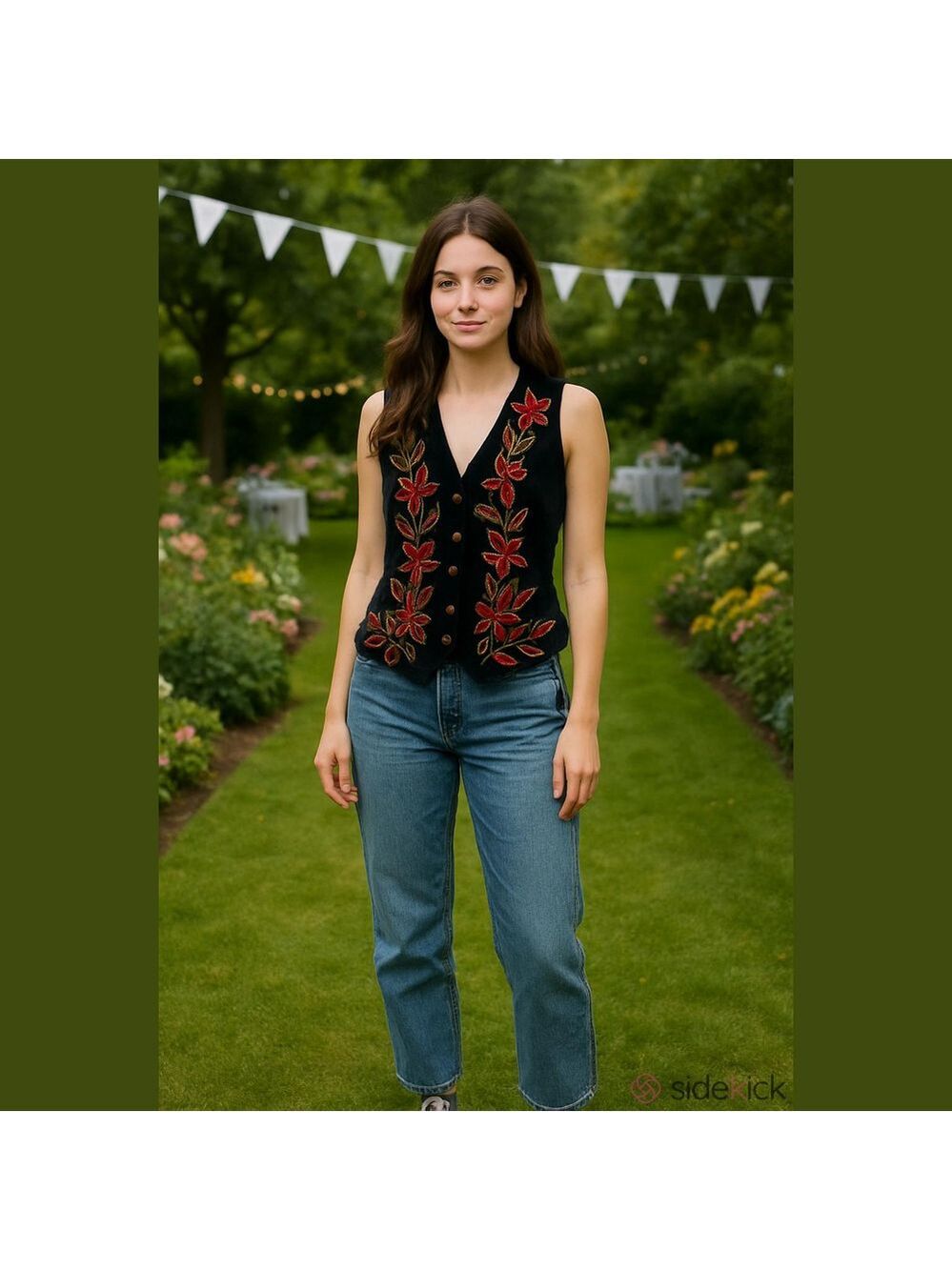 Vintage Black Velvet Vest Red Floral Beads Sequins Elegant